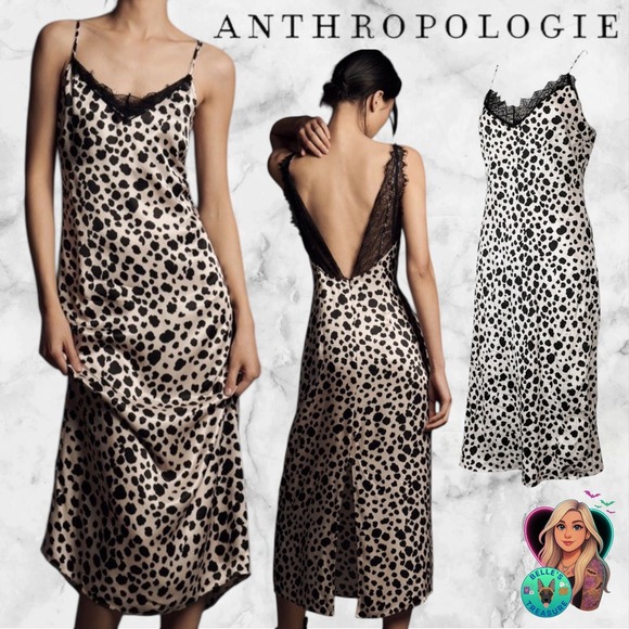 Anthropologie Dresses & Skirts - Anthropologie Women's Medium‎ Animal Print Lace Trim Slip Dress Midi Black NEW